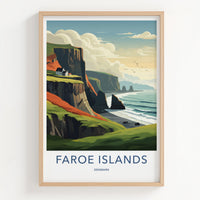 Faroe Islands Poster - Denmark Travel Art - Coastal Cliffside Houses Home Decor