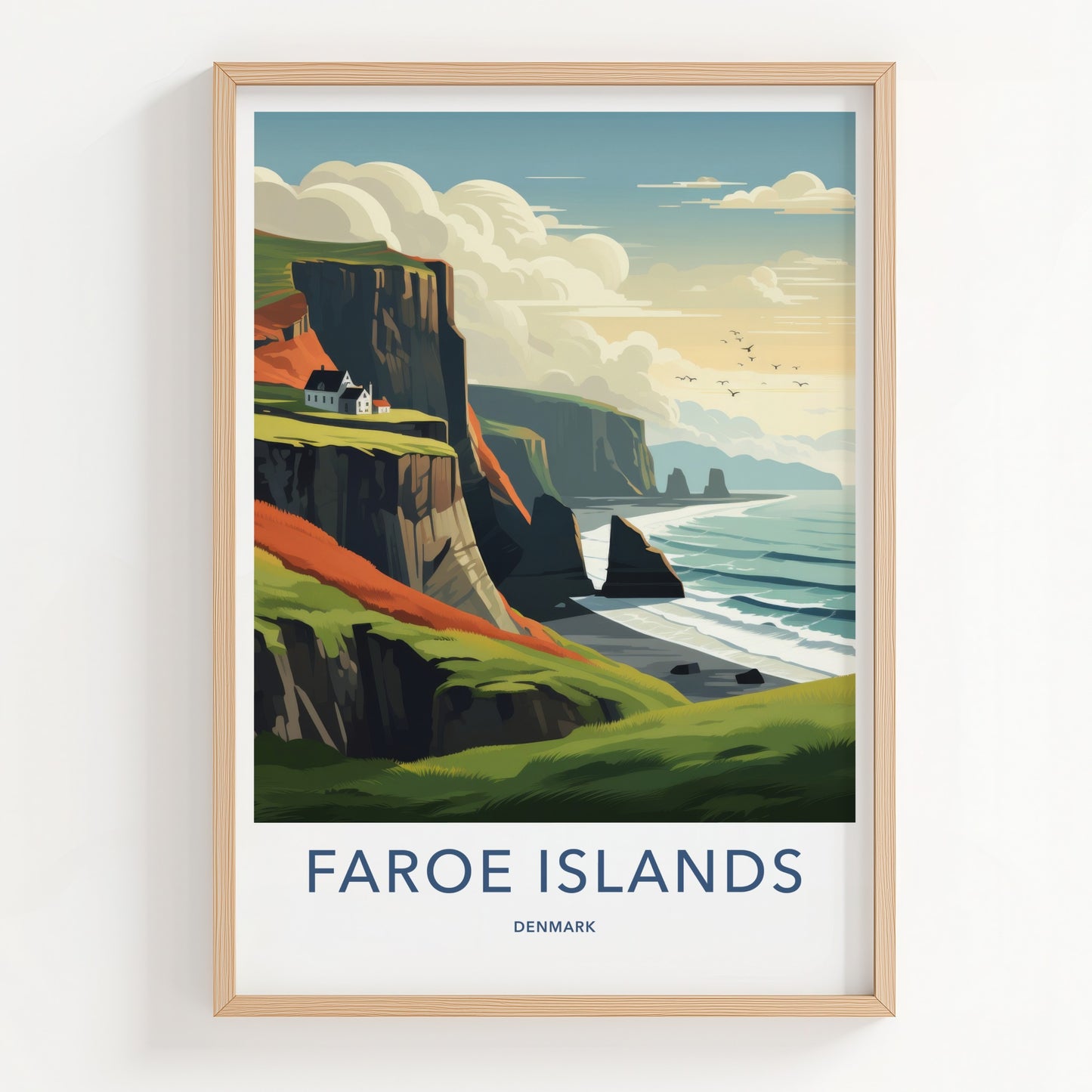 Faroe Islands Poster - Denmark Travel Art - Coastal Cliffside Houses Home Decor