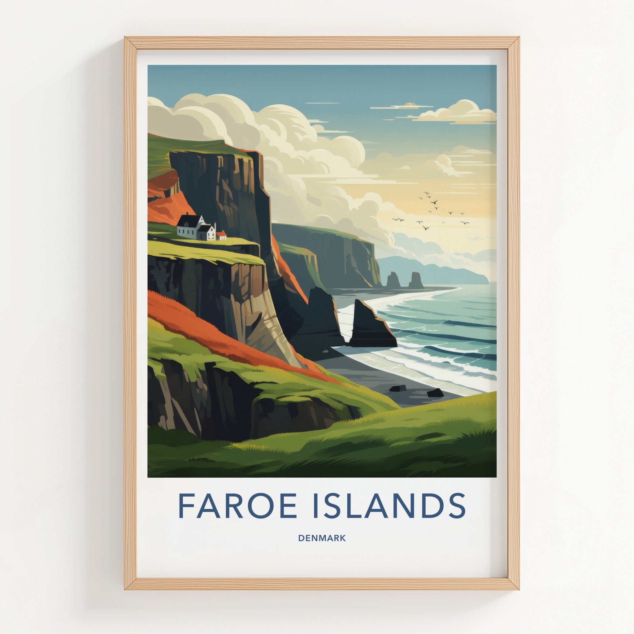 Faroe Islands Poster - Denmark Travel Art - Coastal Cliffside Houses Home Decor