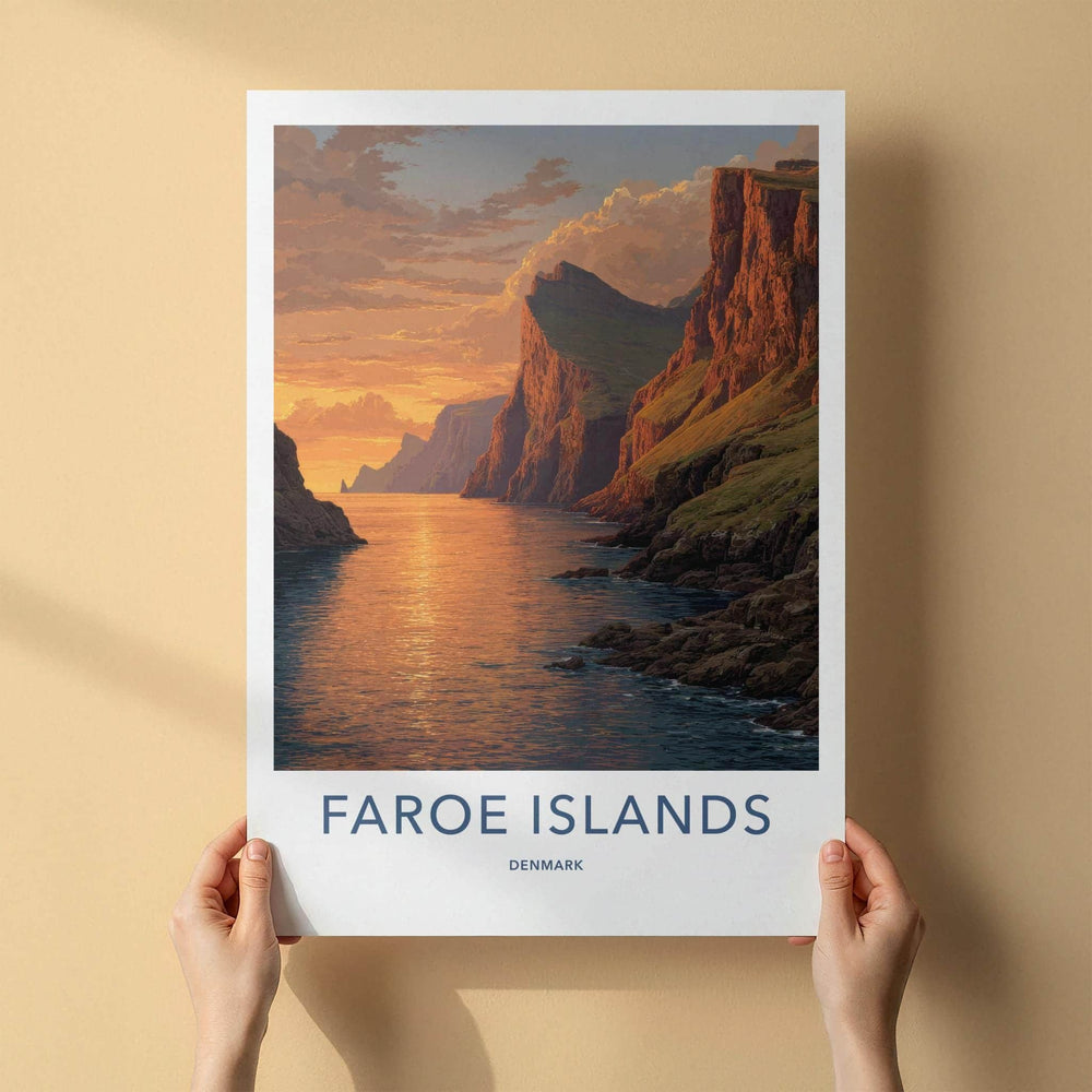 Faroe Islands Poster - Denmark Travel Art - Coastal Sunset Cliffs Home Decor