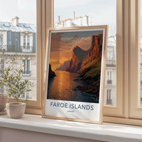 Faroe Islands Poster - Denmark Travel Art - Coastal Sunset Cliffs Home Decor