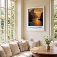 Faroe Islands Poster - Denmark Travel Art - Golden Coastal Sunset Home Decor