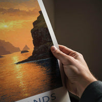 Faroe Islands Poster - Denmark Travel Art - Golden Coastal Sunset Home Decor