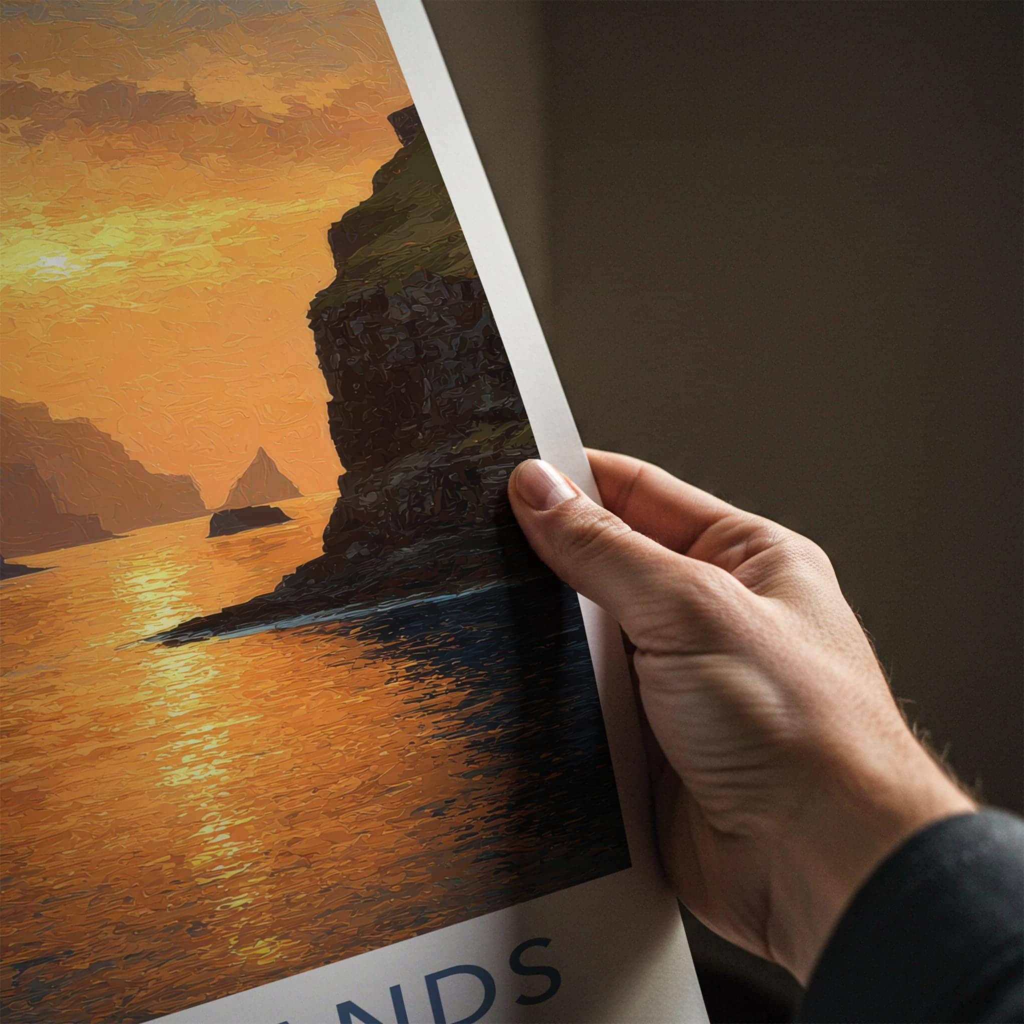 Faroe Islands Poster - Denmark Travel Art - Golden Coastal Sunset Home Decor