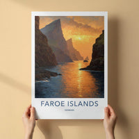 Faroe Islands Poster - Denmark Travel Art - Golden Coastal Sunset Home Decor