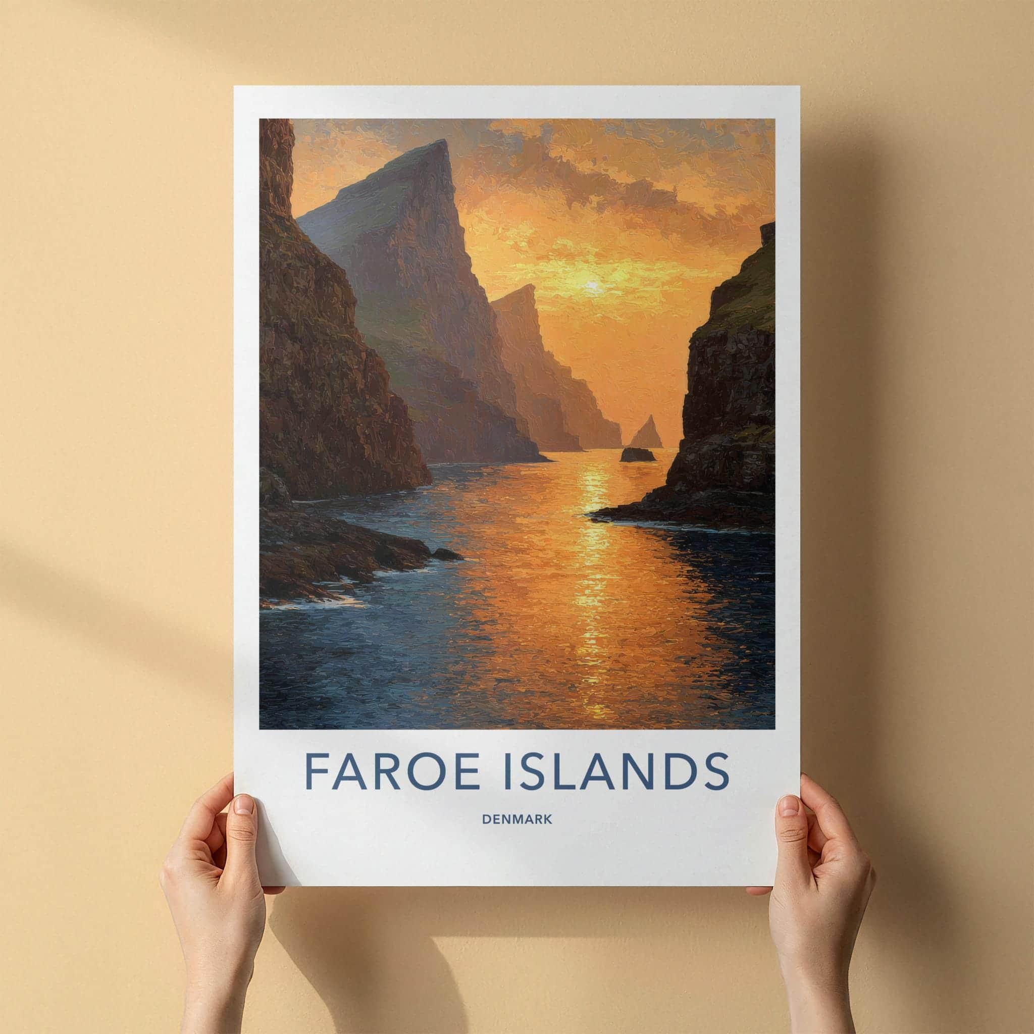Faroe Islands Poster - Denmark Travel Art - Golden Coastal Sunset Home Decor