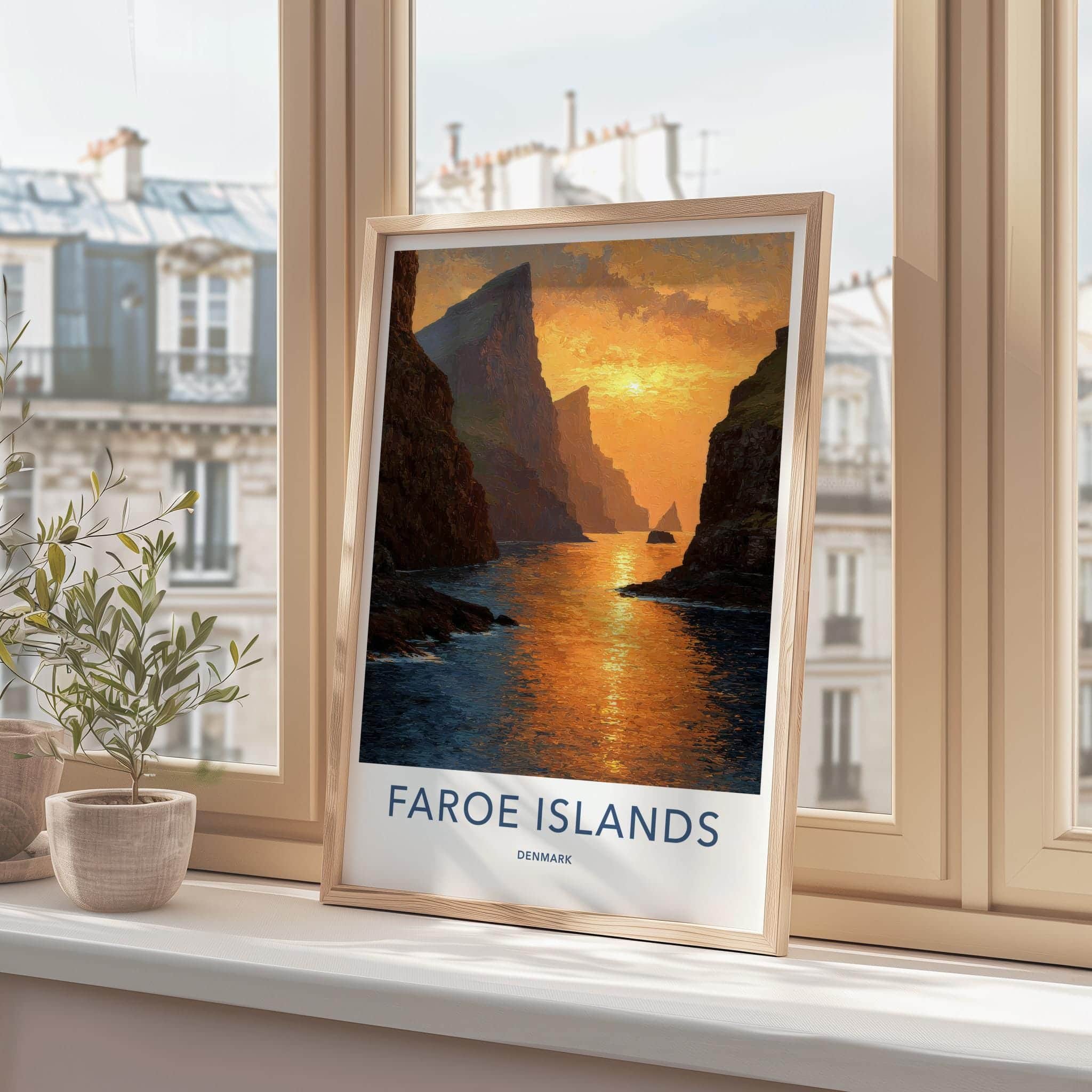 Faroe Islands Poster - Denmark Travel Art - Golden Coastal Sunset Home Decor