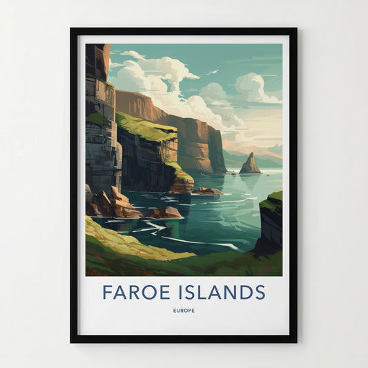 FAROE ISLANDS Poster - Denmark Travel Art - Rugged Ocean Cliffs Wall Decor