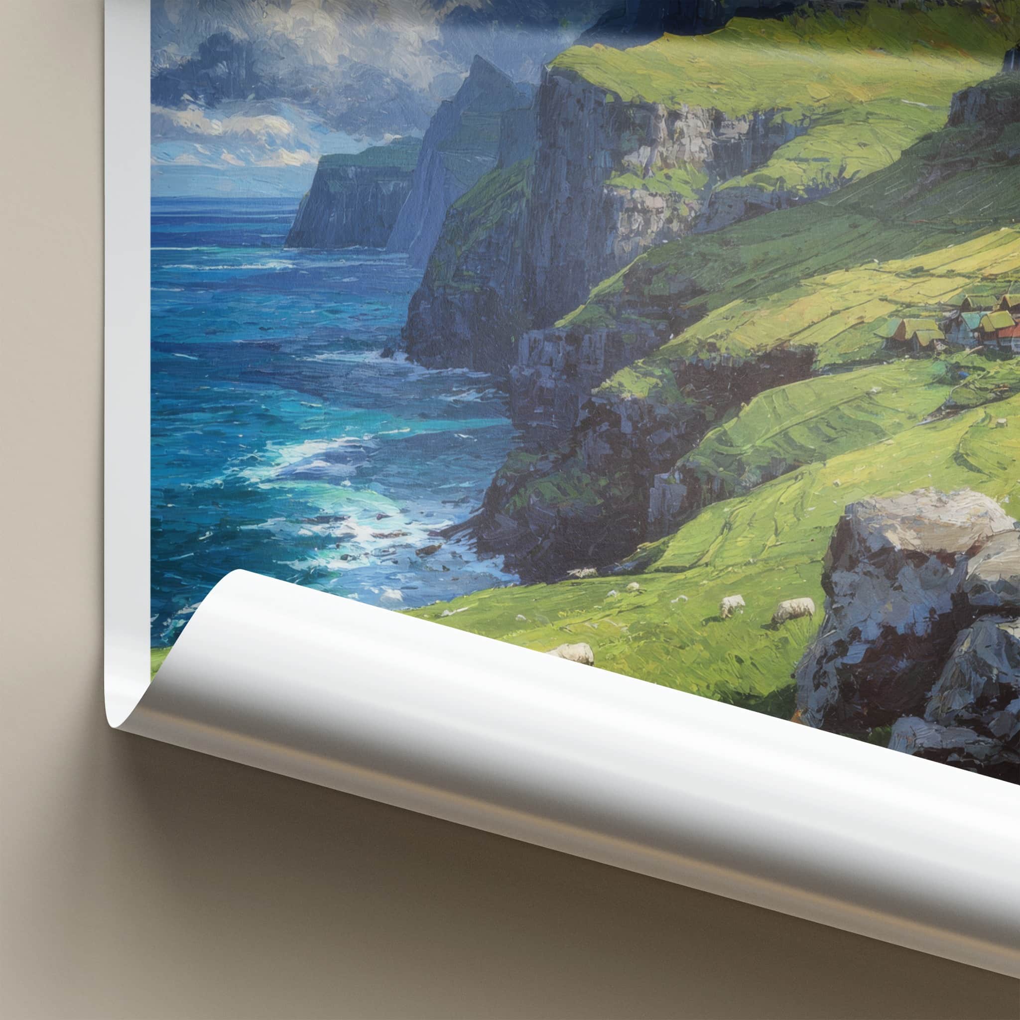 Faroe Islands Poster - Faroe Islands Coastal Cliffs Village Travel Print