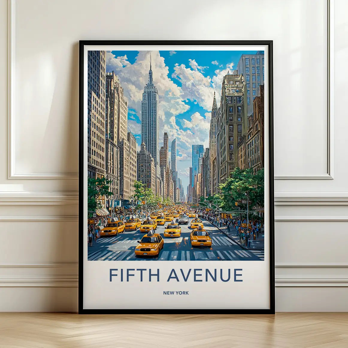 Framed poster of Fifth Avenue in New York with yellow taxis and tall buildings.