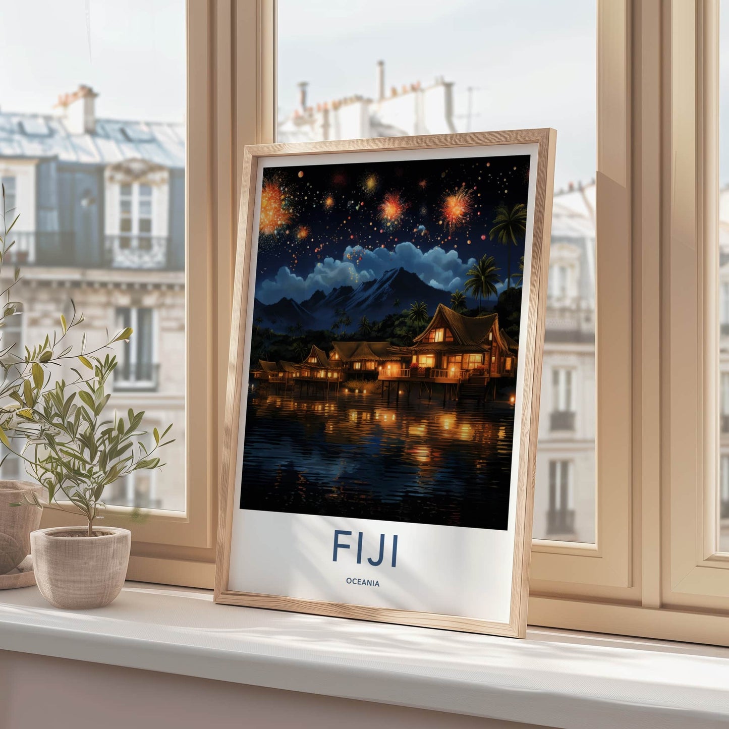 Fiji Poster - Fiji Travel Art - Fireworks Overwater Huts Home Decor