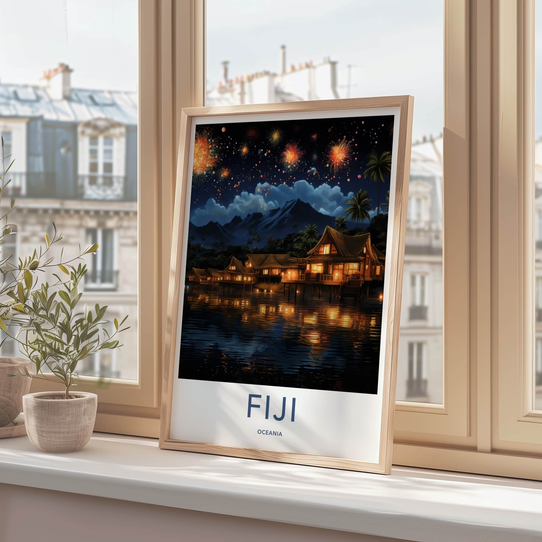 Fiji Poster - Fiji Travel Art - Fireworks Overwater Huts Home Decor