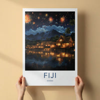 Fiji Poster - Fiji Travel Art - Fireworks Overwater Huts Home Decor