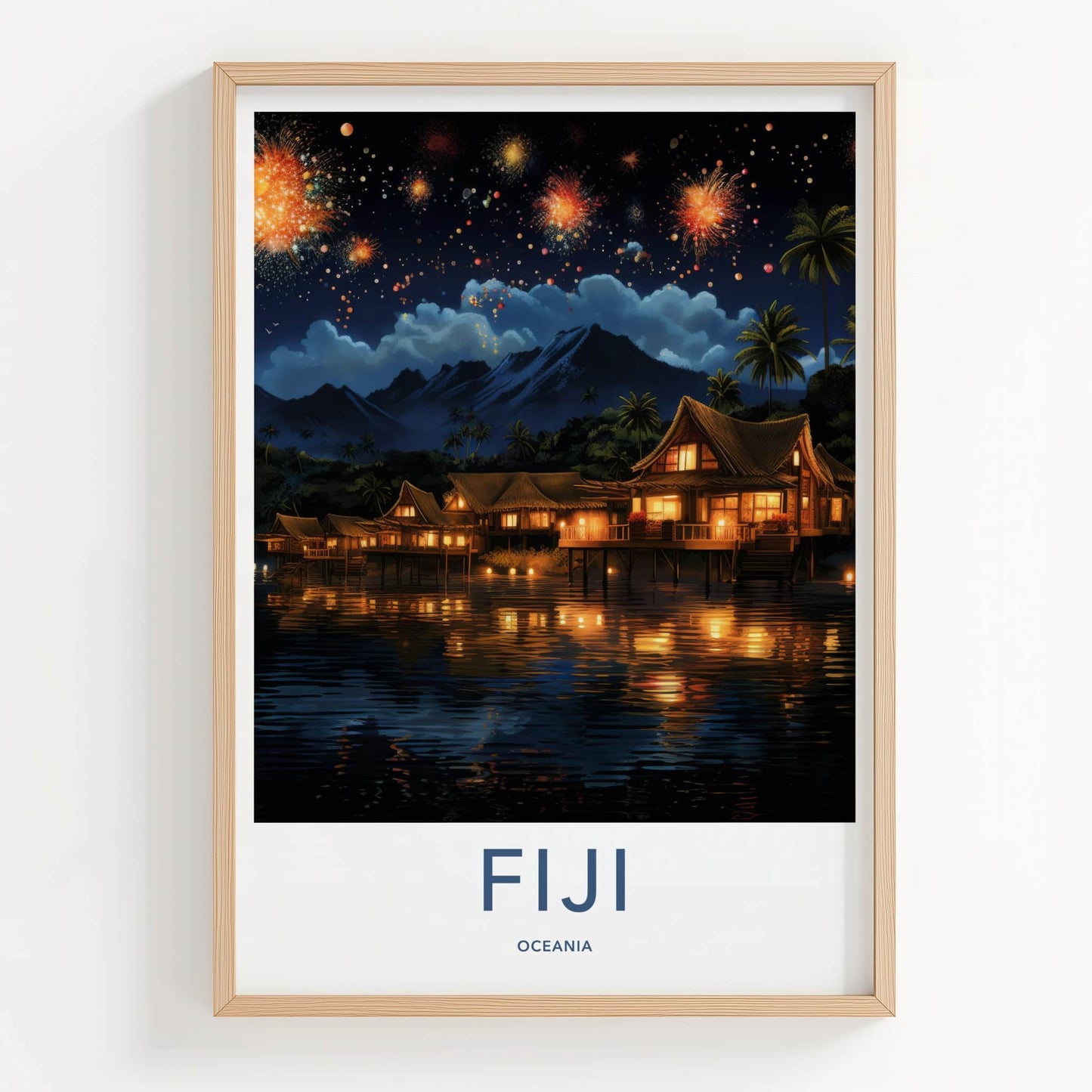 Fiji Poster - Fiji Travel Art - Fireworks Overwater Huts Home Decor