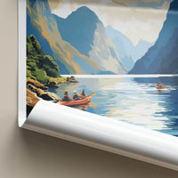 Fiordland Poster - New Zealand Travel Art - Kayakers Fjord Mountains Wall Decor