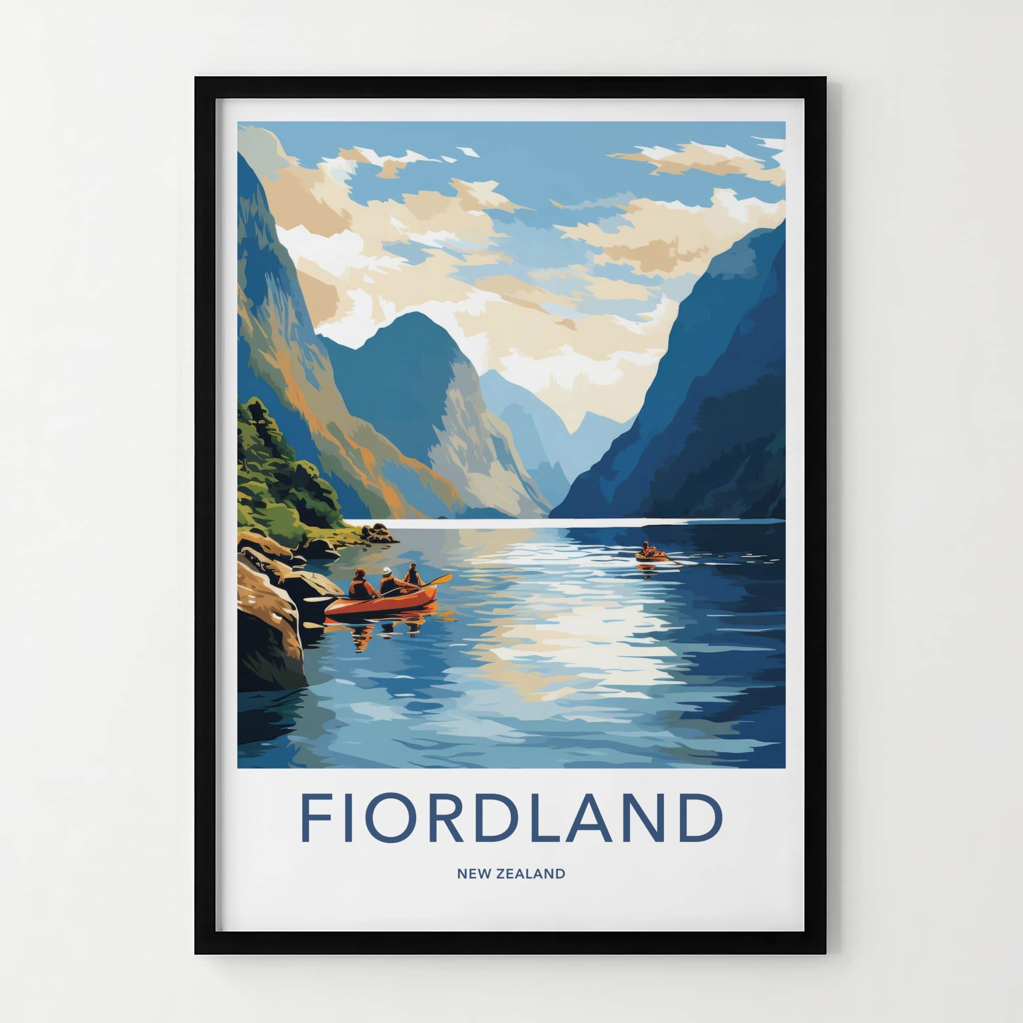 Fiordland Poster - New Zealand Travel Art - Kayakers Fjord Mountains Wall Decor