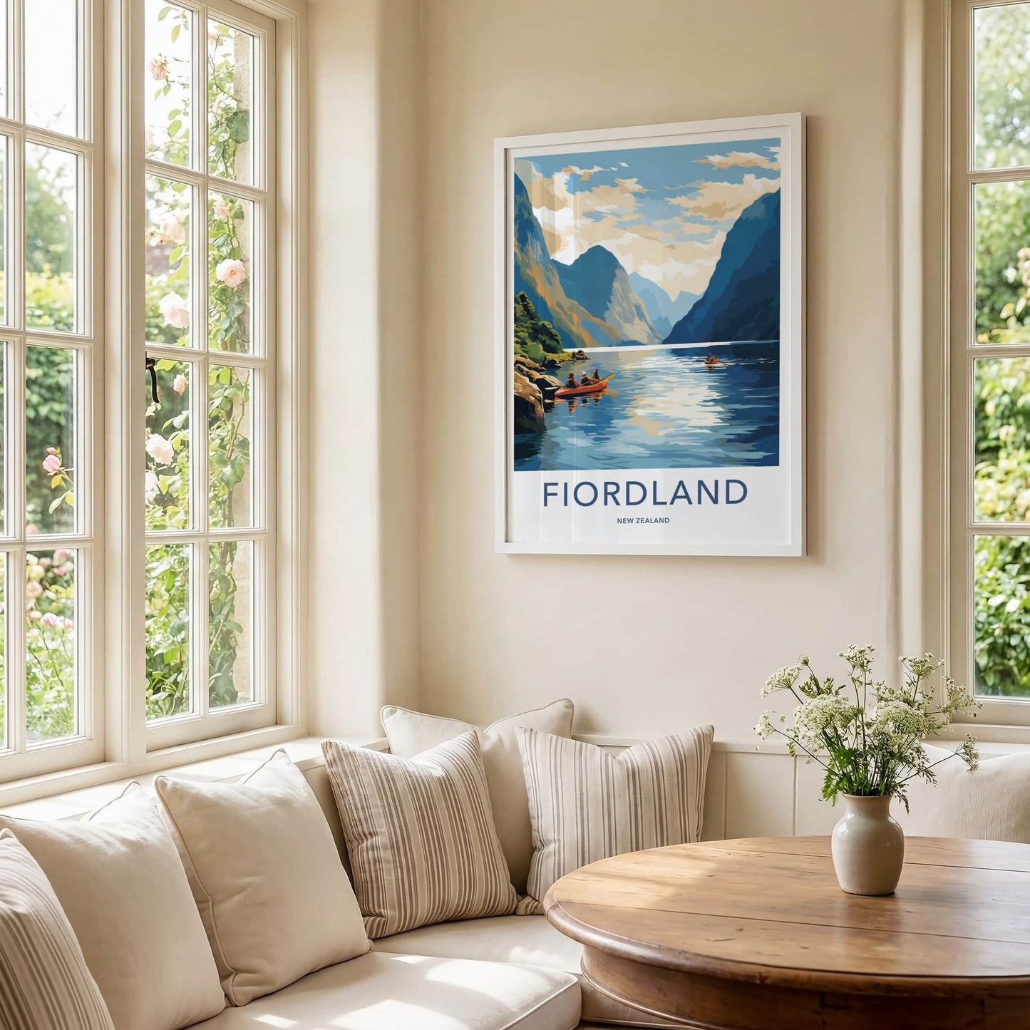 Fiordland Poster - New Zealand Travel Art - Kayakers Fjord Mountains Wall Decor