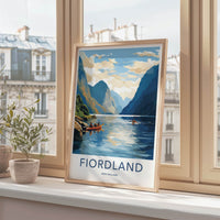 Fiordland Poster - New Zealand Travel Art - Kayakers Fjord Mountains Wall Decor