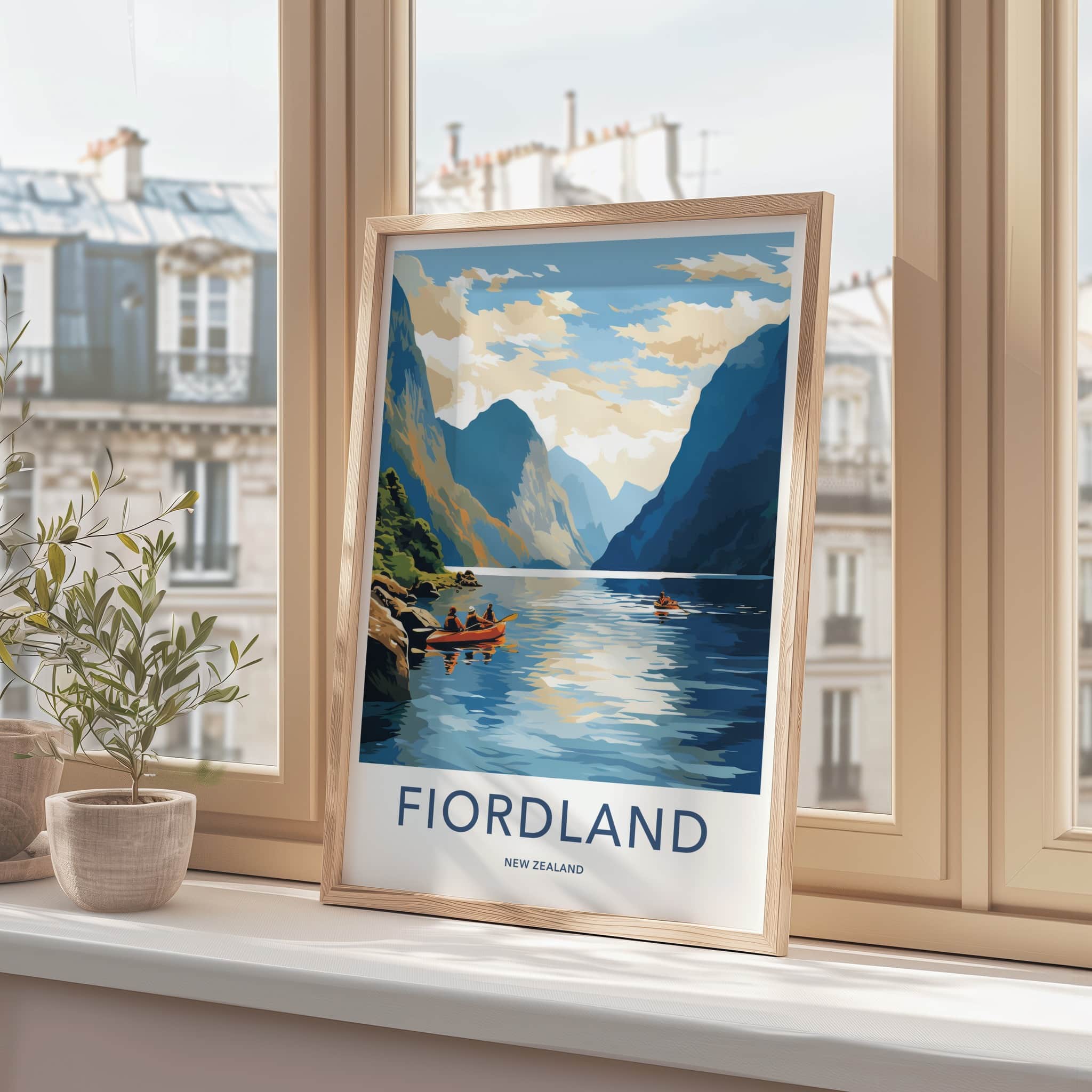 Fiordland Poster - New Zealand Travel Art - Kayakers Fjord Mountains Wall Decor
