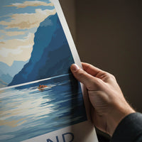 Fiordland Poster - New Zealand Travel Art - Kayakers Fjord Mountains Wall Decor