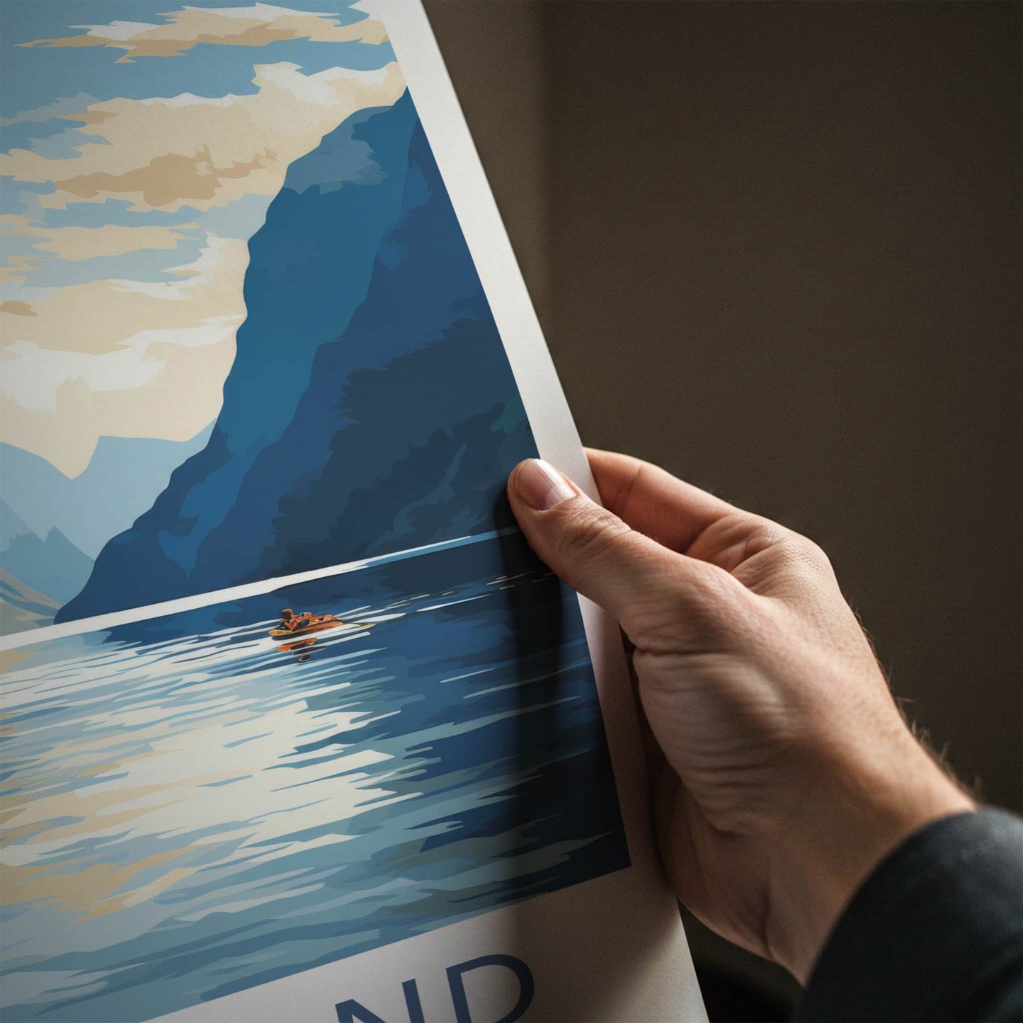 Fiordland Poster - New Zealand Travel Art - Kayakers Fjord Mountains Wall Decor