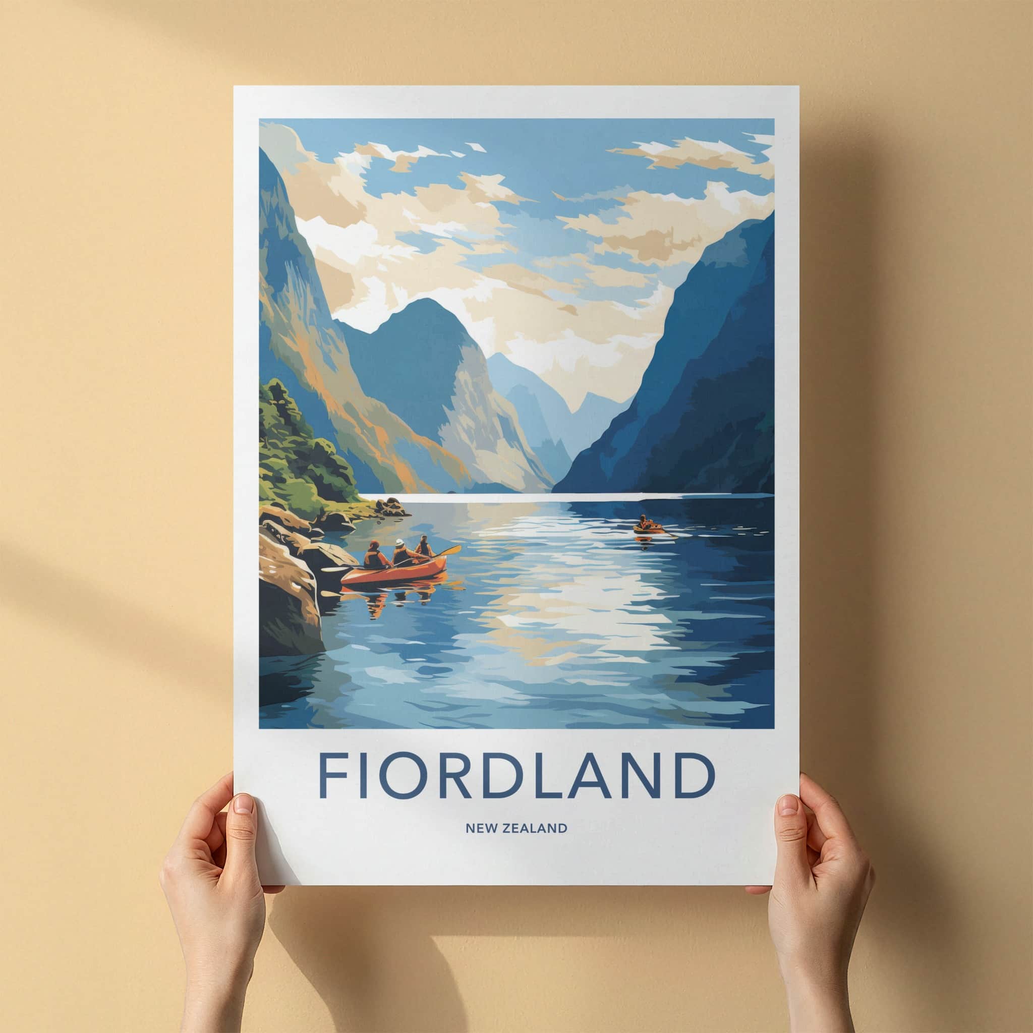 Fiordland Poster - New Zealand Travel Art - Kayakers Fjord Mountains Wall Decor