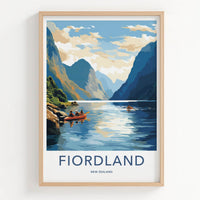 Fiordland Poster - New Zealand Travel Art - Kayakers Fjord Mountains Wall Decor