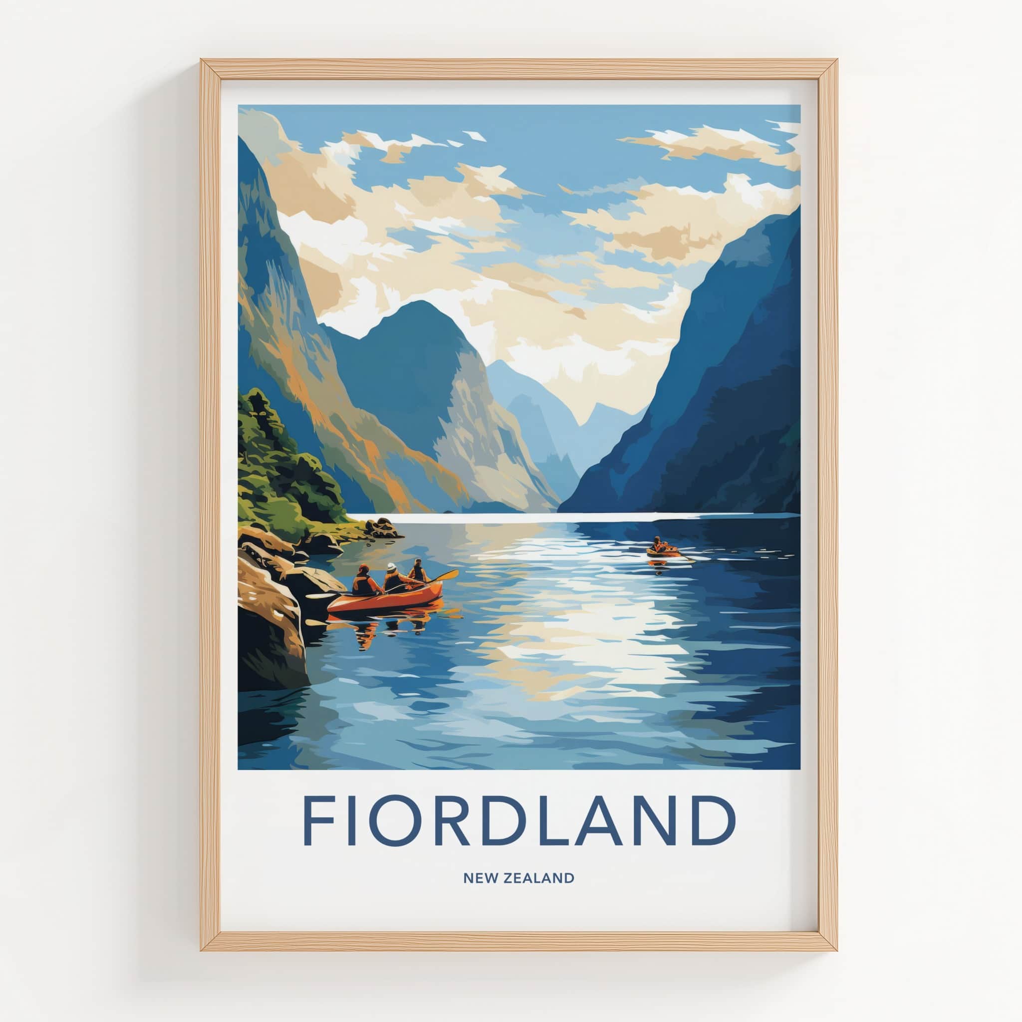 Fiordland Poster - New Zealand Travel Art - Kayakers Fjord Mountains Wall Decor