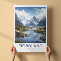 FIORDLAND Poster - New Zealand Travel Art - Majestic Glacier Stream Home Decor