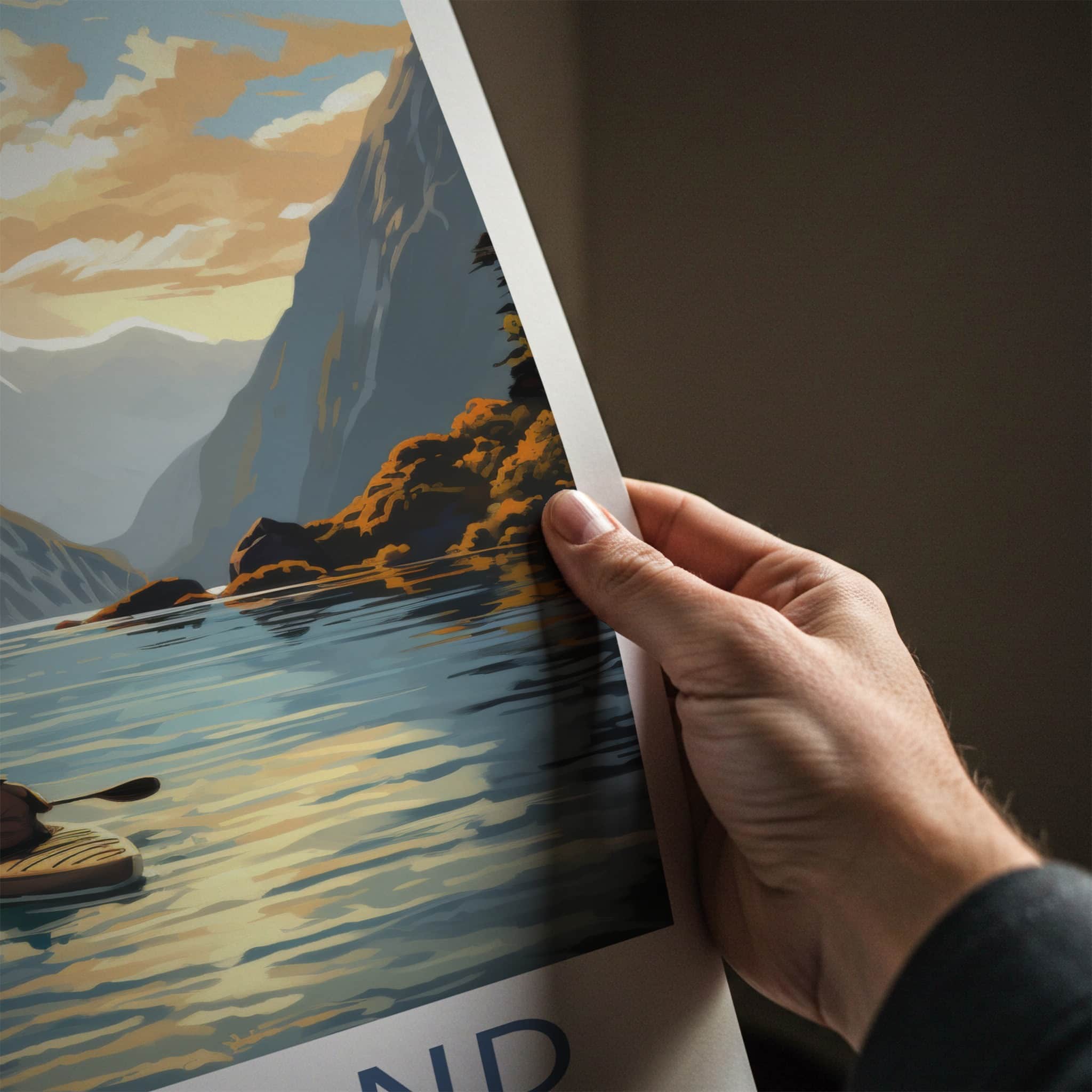 Fiordland Poster - New Zealand Travel Art - Paddler mountain fiord Home Decor