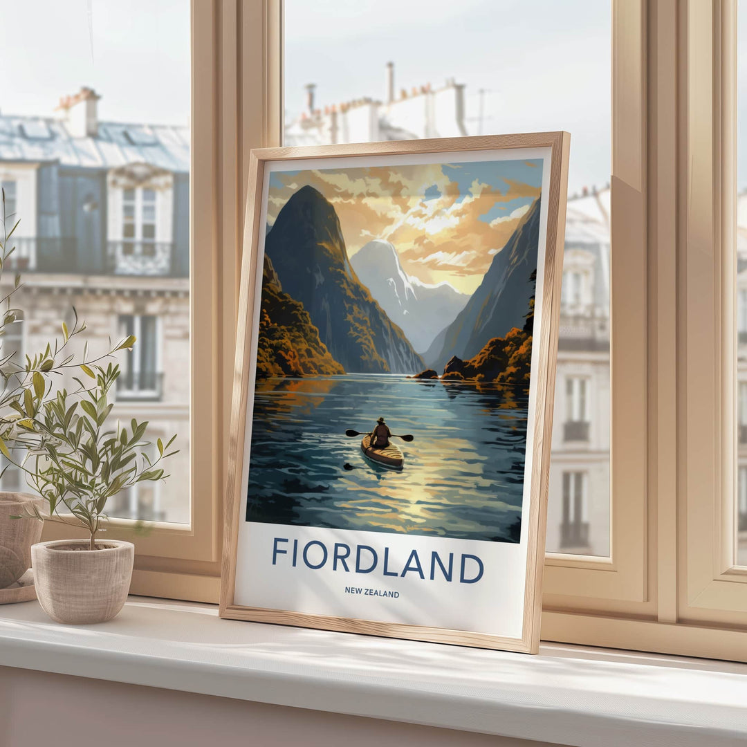 Fiordland Poster - New Zealand Travel Art - Paddler mountain fiord Home Decor