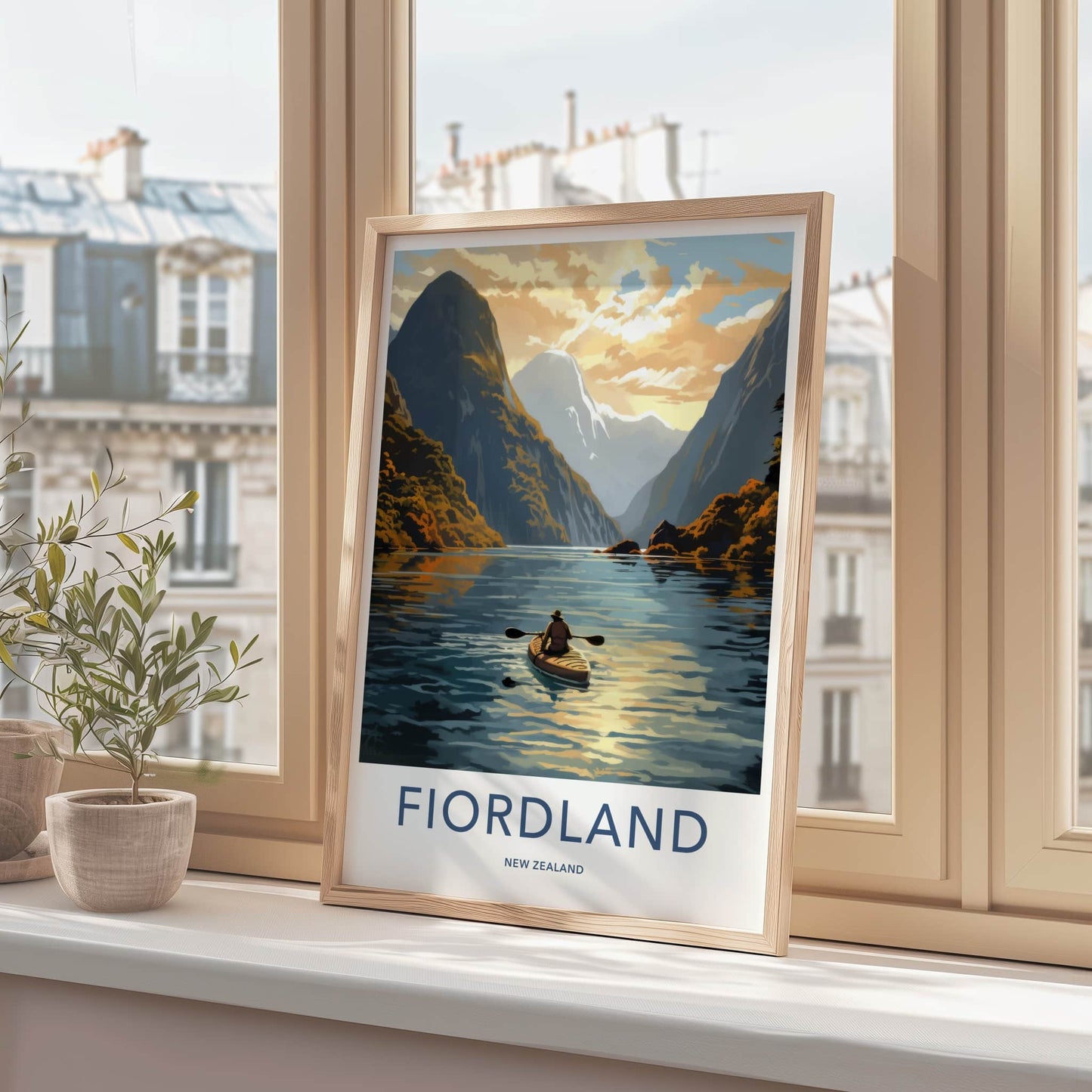 Fiordland Poster - New Zealand Travel Art - Paddler mountain fiord Home Decor