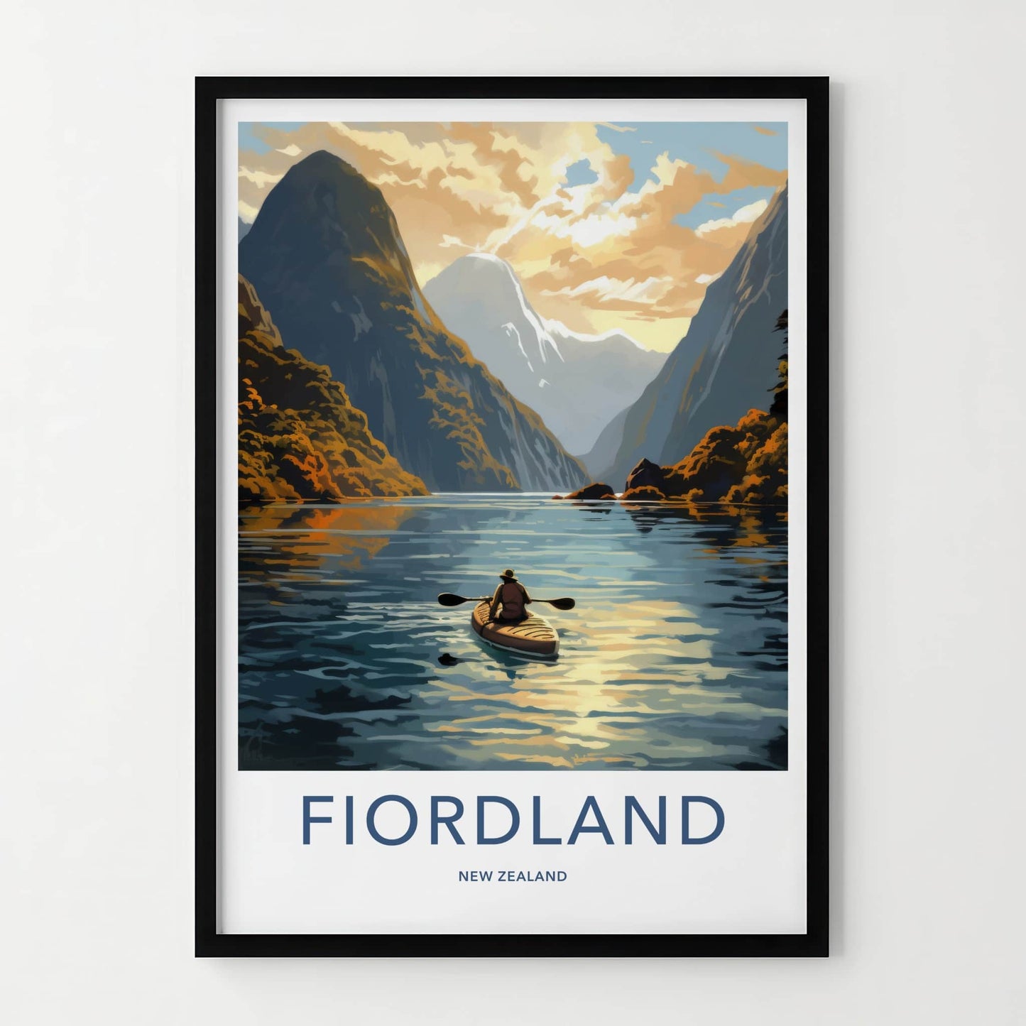 Fiordland Poster - New Zealand Travel Art - Paddler mountain fiord Home Decor