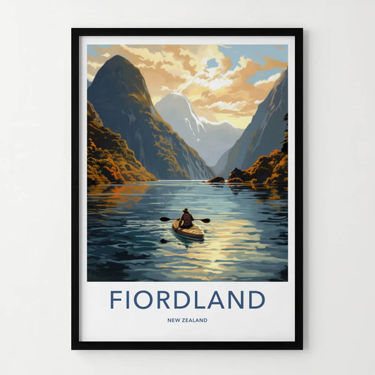 Fiordland Poster - New Zealand Travel Art - Paddler mountain fiord Home Decor