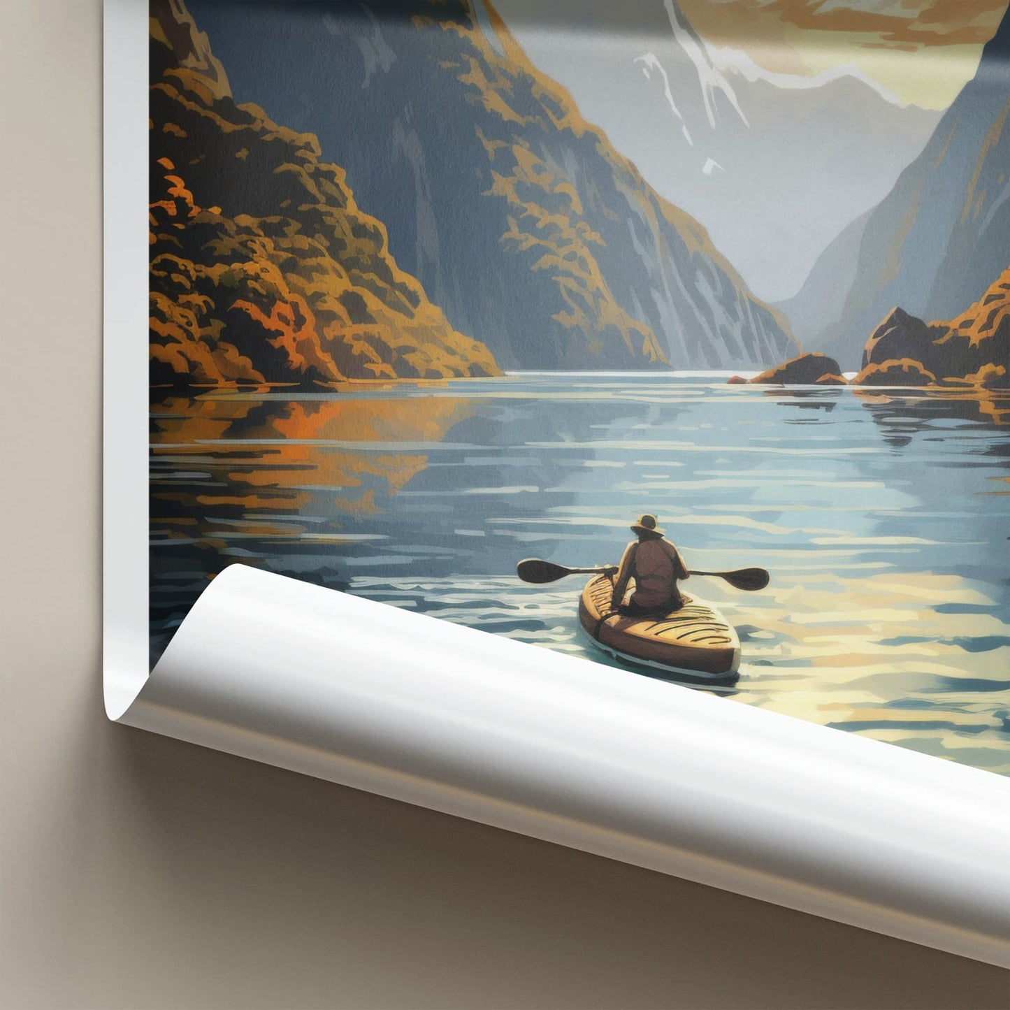 Fiordland Poster - New Zealand Travel Art - Paddler mountain fiord Home Decor