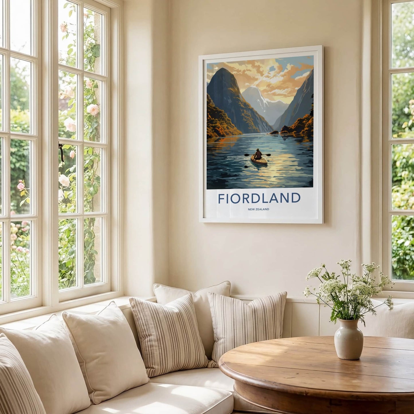 Fiordland Poster - New Zealand Travel Art - Paddler mountain fiord Home Decor