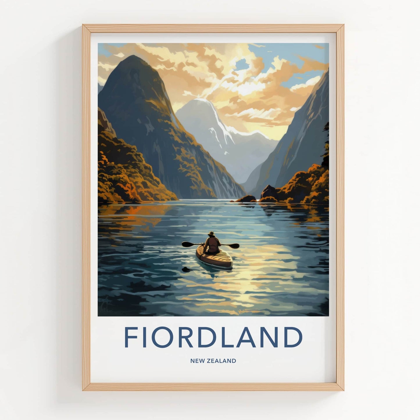 Fiordland Poster - New Zealand Travel Art - Paddler mountain fiord Home Decor