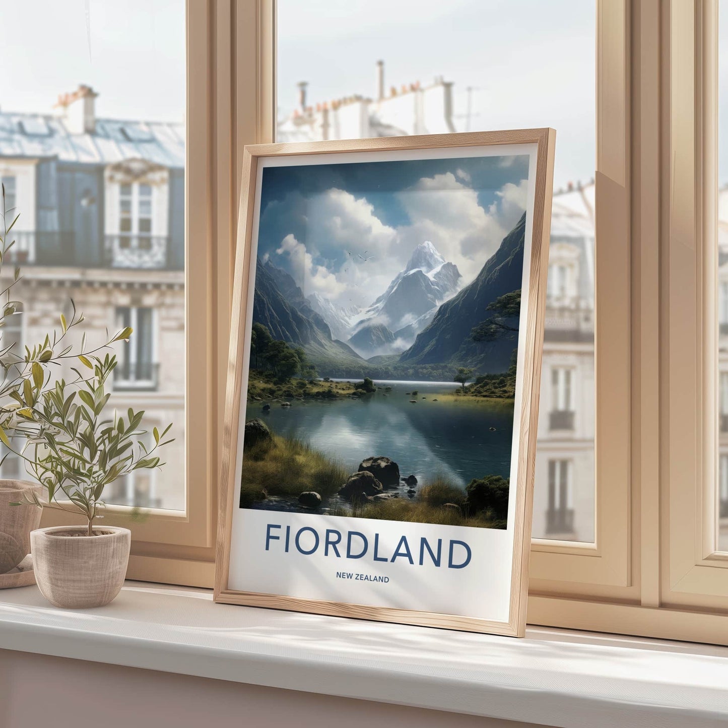 Fiordland Poster - New Zealand Travel Art - Snowy Mountain Lake Home Decor