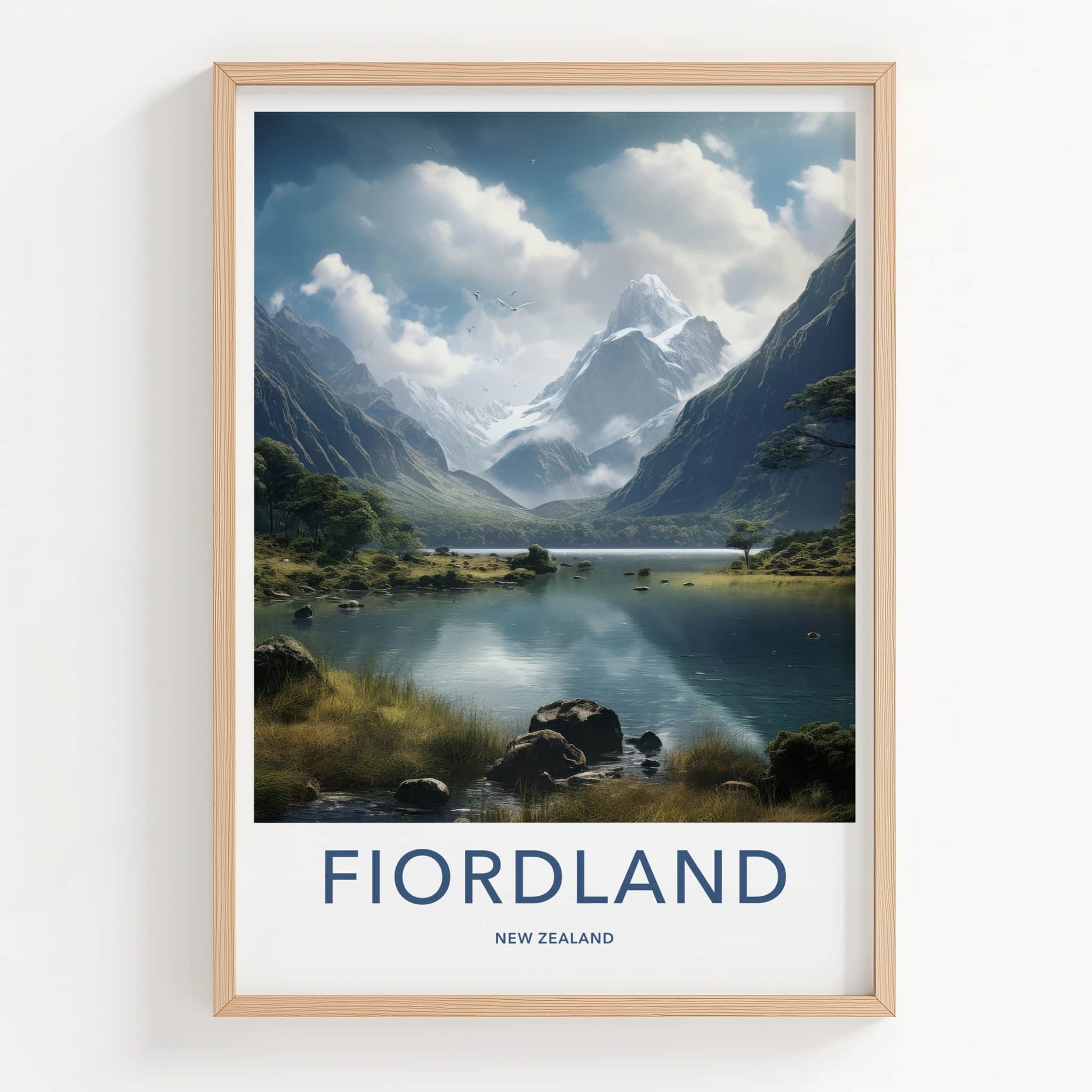 Fiordland Poster - New Zealand Travel Art - Snowy Mountain Lake Home Decor