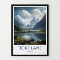Fiordland Poster - New Zealand Travel Art - Snowy Mountain Lake Home Decor