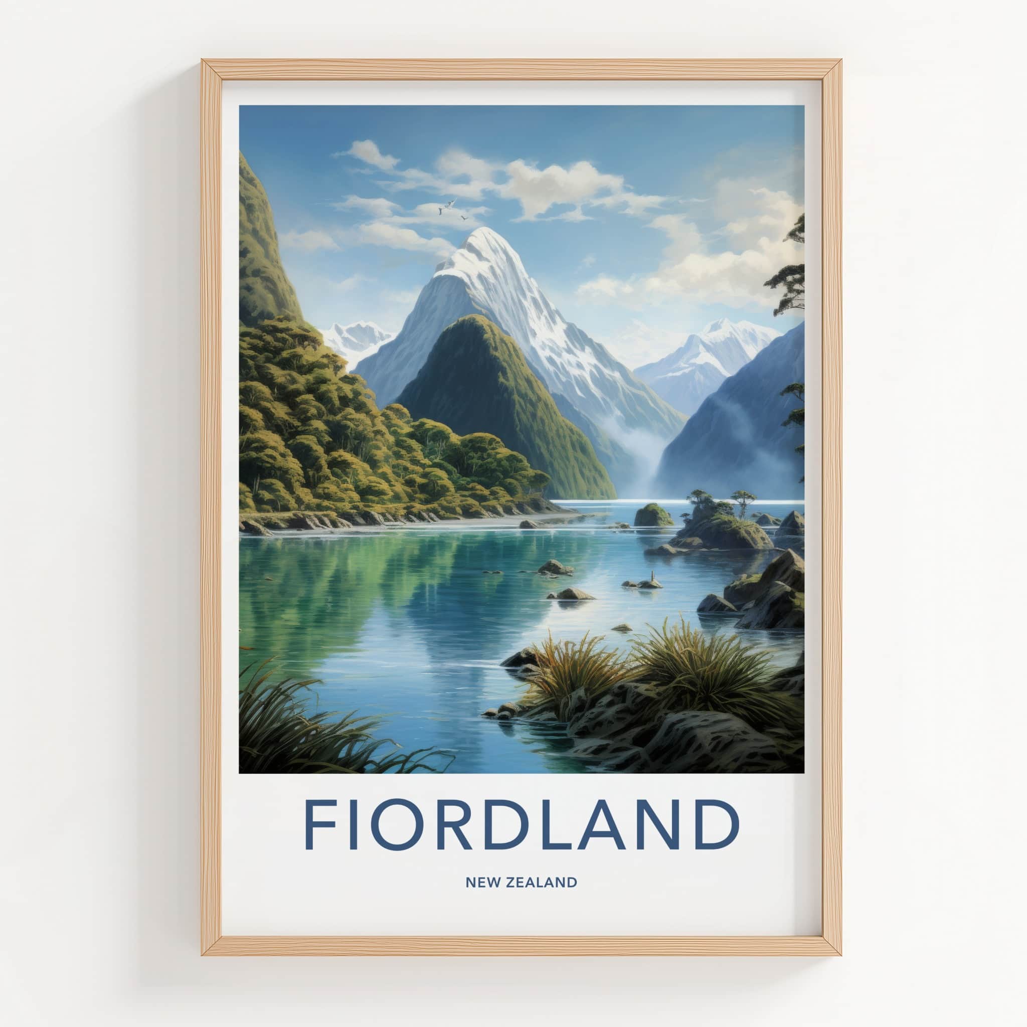 Fiordland Poster - New Zealand Travel Art - Snowy Peaks Fjord Home Decor