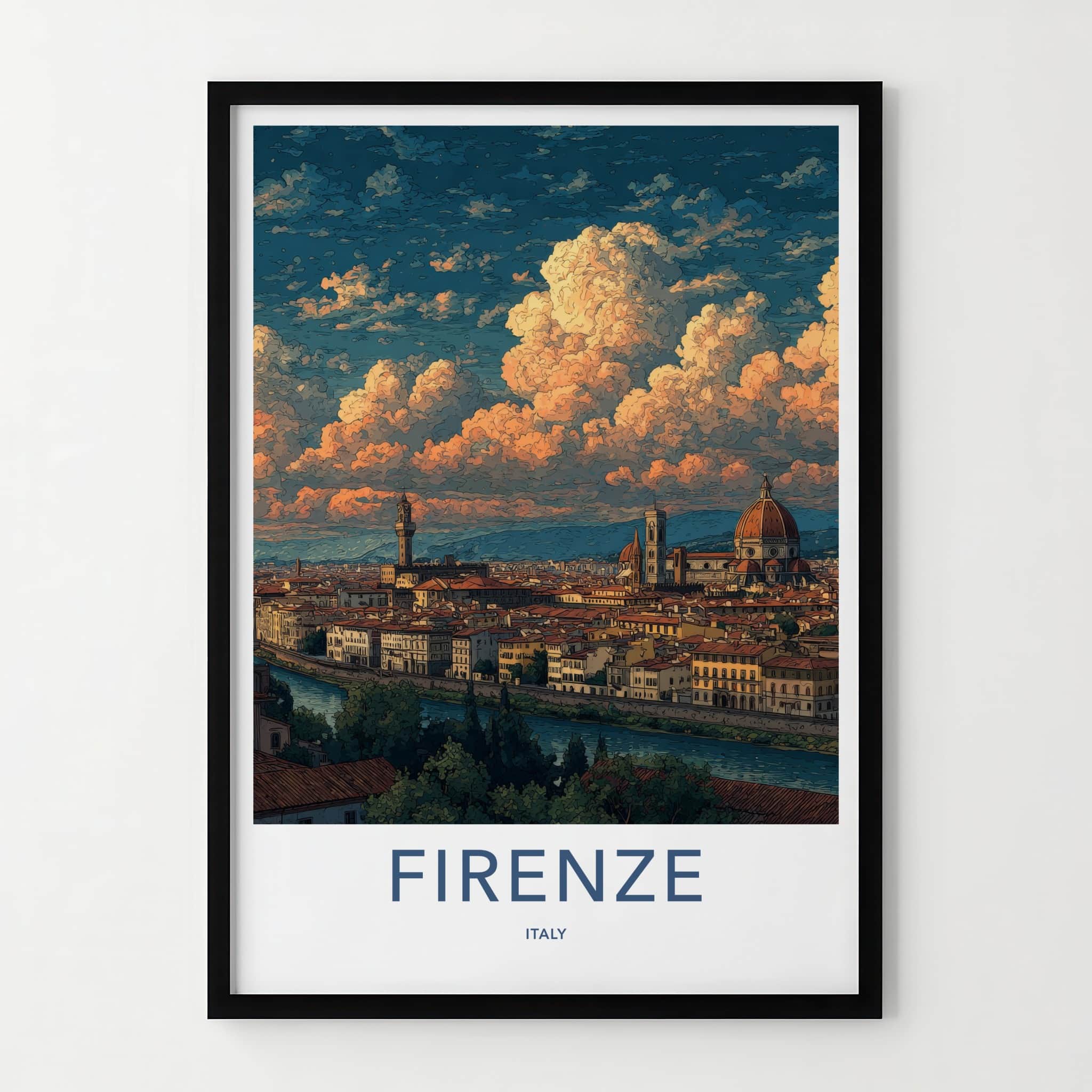 Firenze Poster - Italy Travel Art - River Cityscape Clouds Home Decor