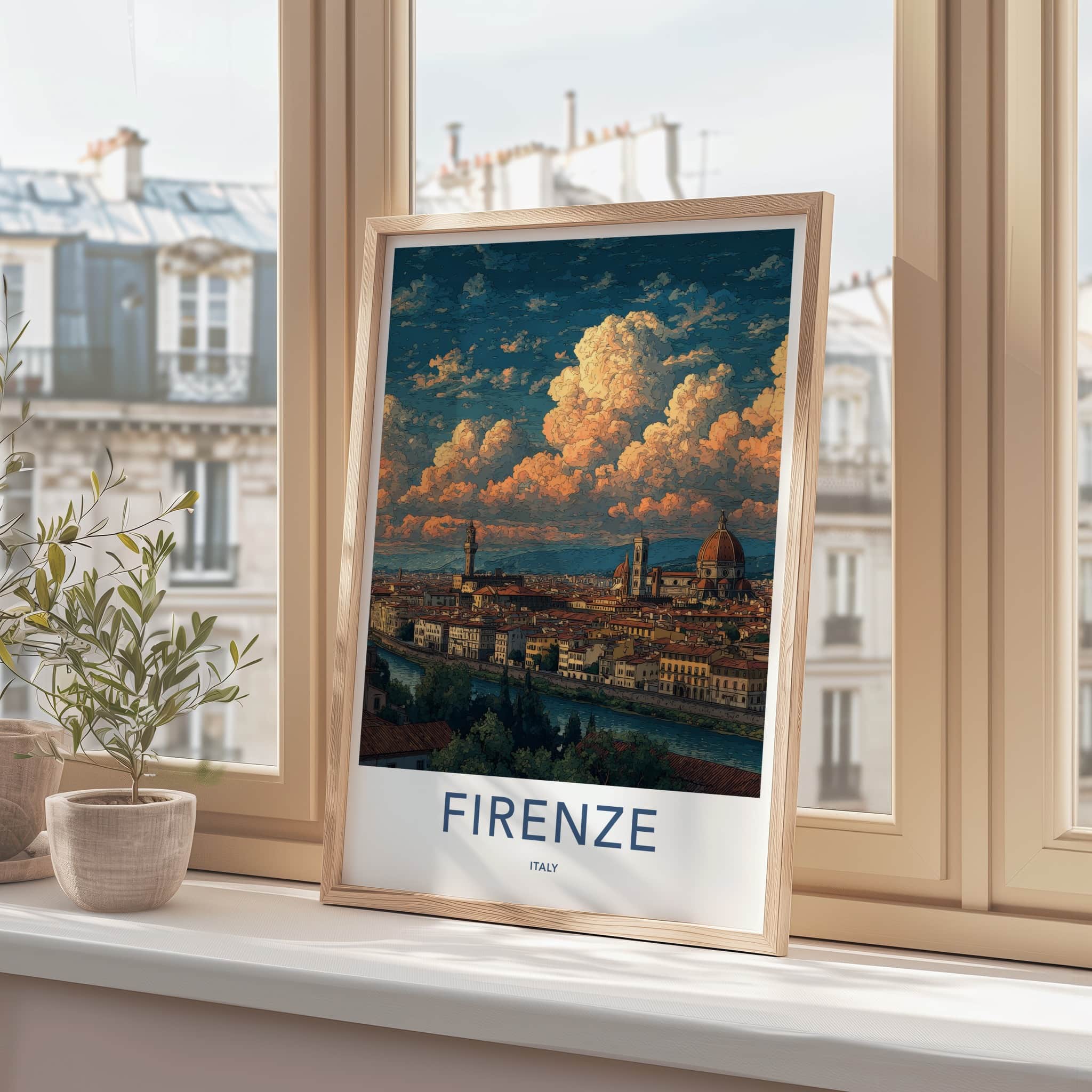 Firenze Poster - Italy Travel Art - River Cityscape Clouds Home Decor
