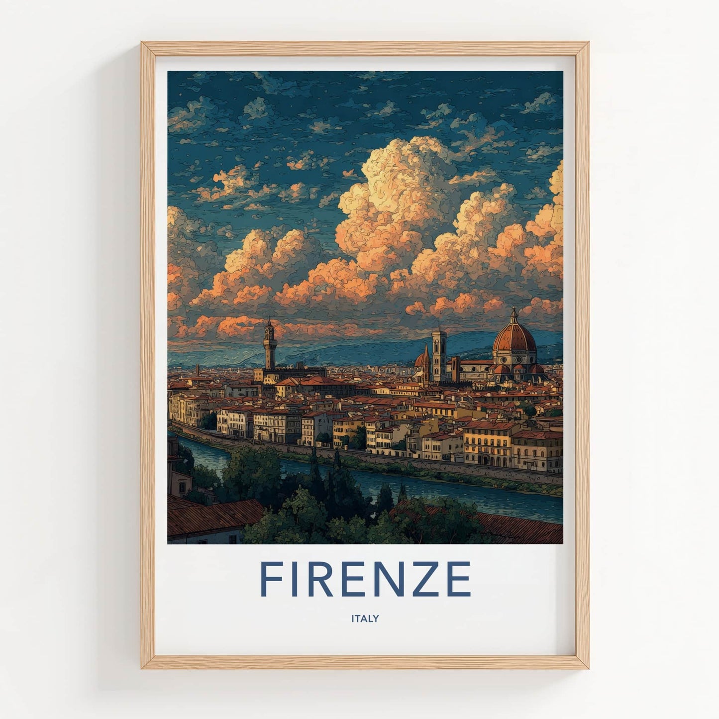 Firenze Poster - Italy Travel Art - River Cityscape Clouds Home Decor
