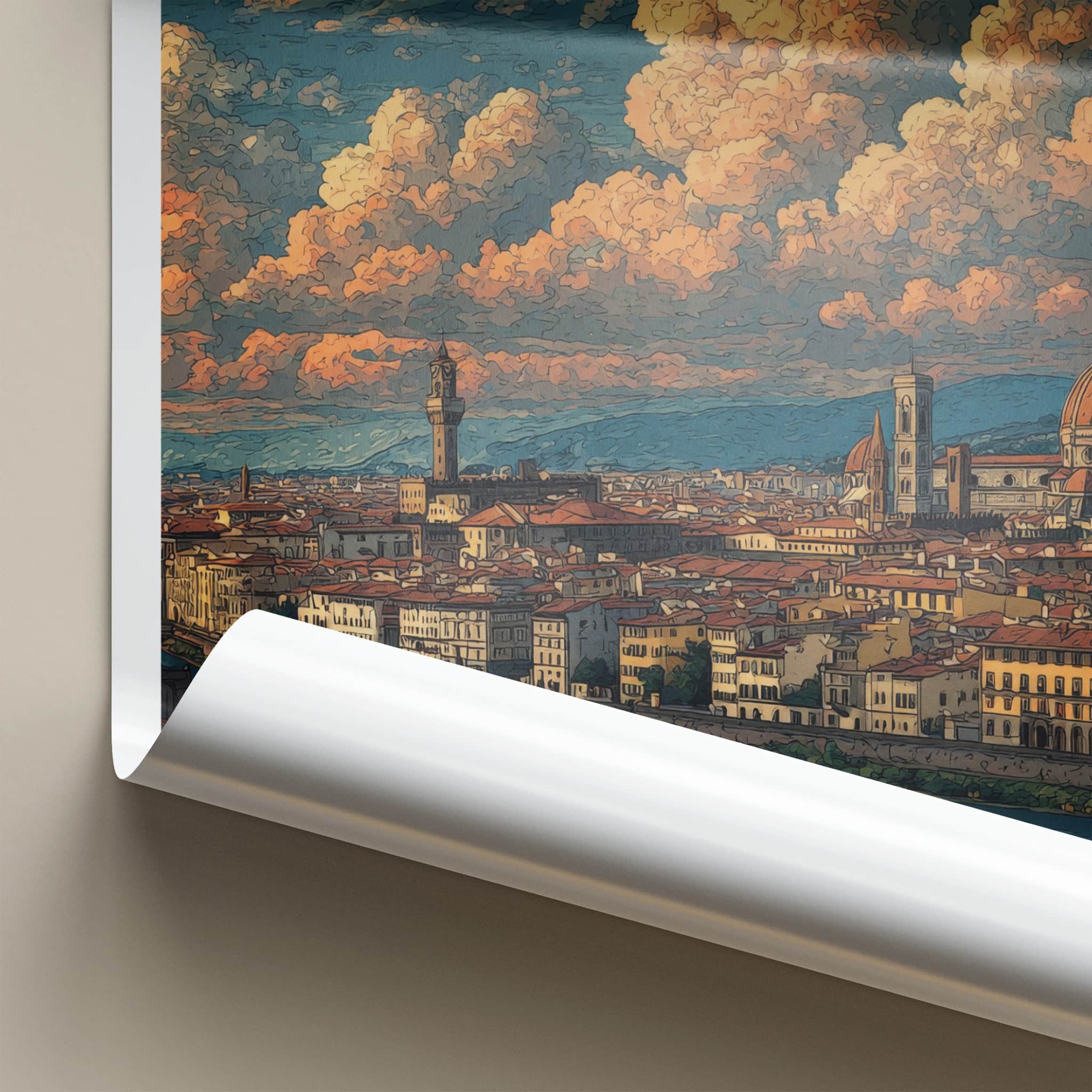 Firenze Poster - Italy Travel Art - River Cityscape Clouds Home Decor
