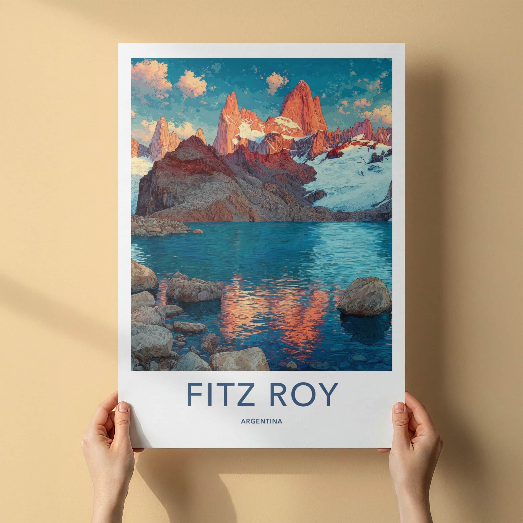 Fitz Roy Poster - Argentina Travel Print - Glacier Lake Reflections Home Decor