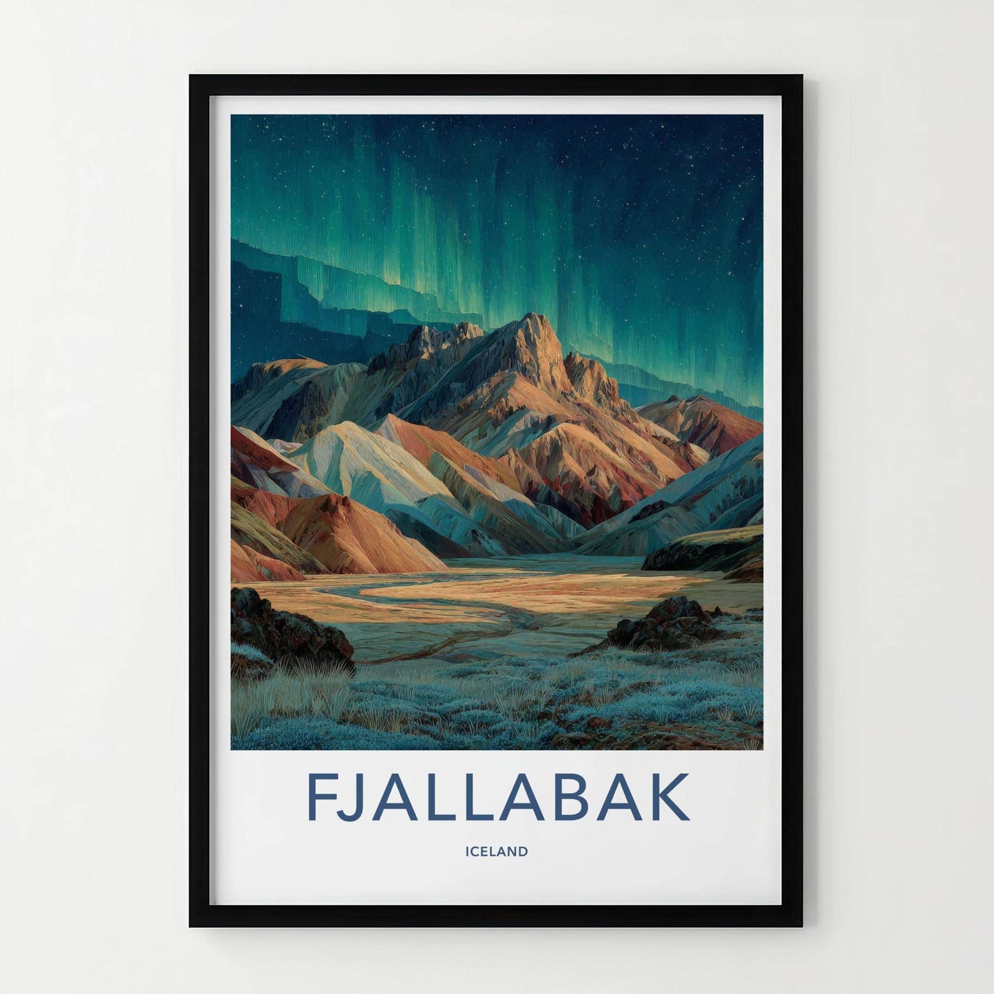 Fjallabak Poster - Iceland Travel Art - Vibrant Mountain Aurora Wall Decor