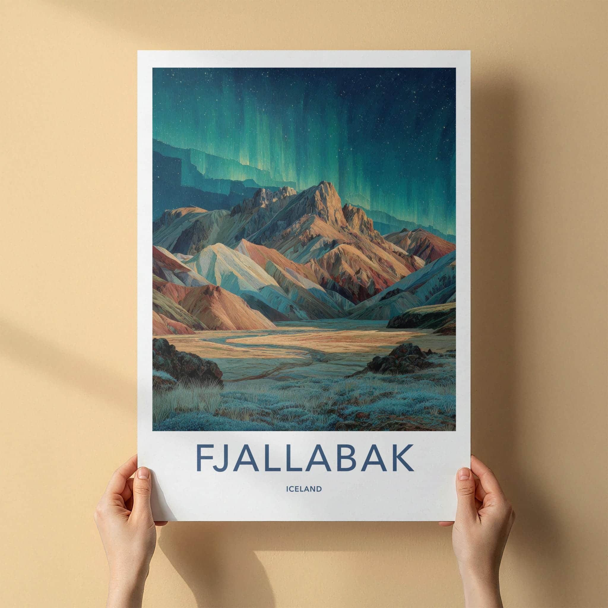 Fjallabak Poster - Iceland Travel Art - Vibrant Mountain Aurora Wall Decor