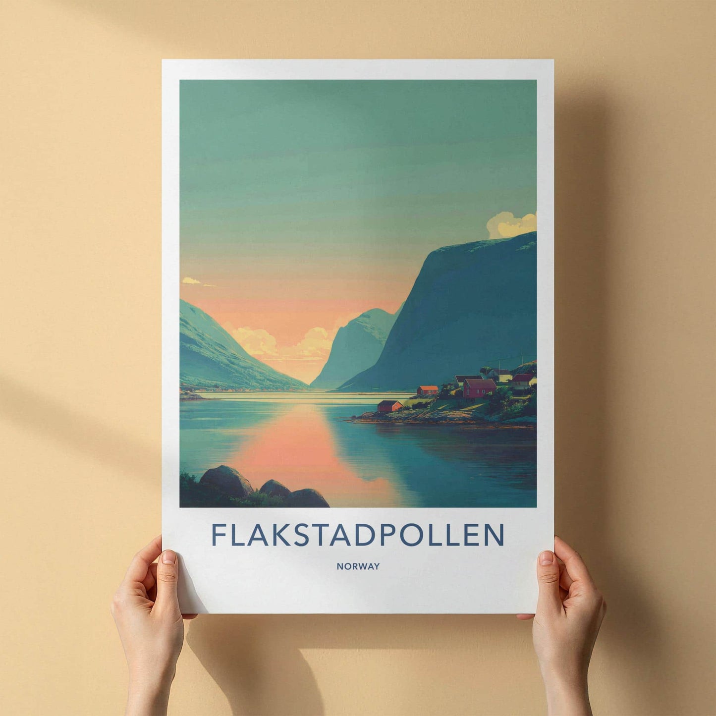 Flakstadpollen Poster - Norway Travel Art - Fjord village sunset Home Decor