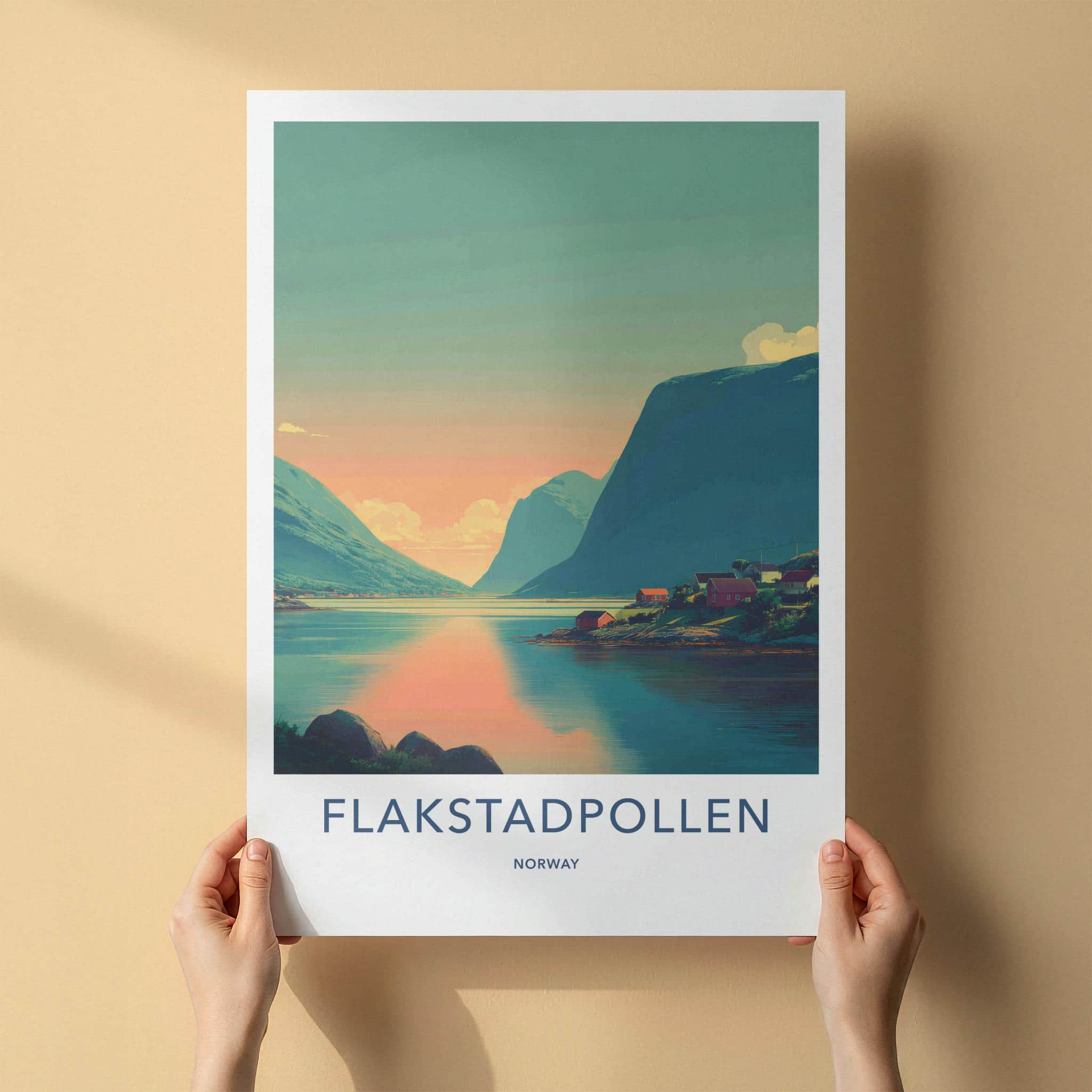 Flakstadpollen Poster - Norway Travel Art - Fjord village sunset Home Decor